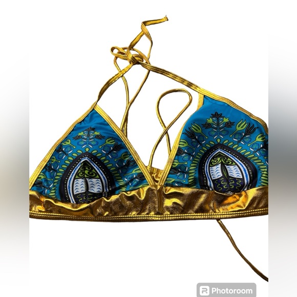 5for$10 Teal Blue And Gold High Waisted Bikini Swimsuit Aztec Extra Large NWOT - Picture 3 of 5